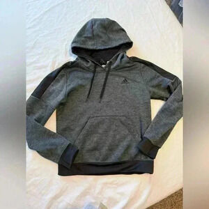 Adidas youth hoodie, black and gray, with thumb holes. Size 8–10.